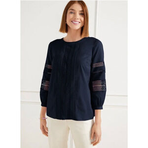 Talbots XL Cotton Embroidered Trim Top Navy Blue Blouse Lace Inserts Lined